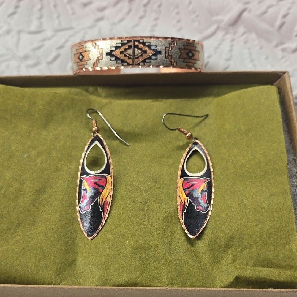 Artisan Handcrafted Copper Horse Themed Earrings And Aztec Style Bracelet Set